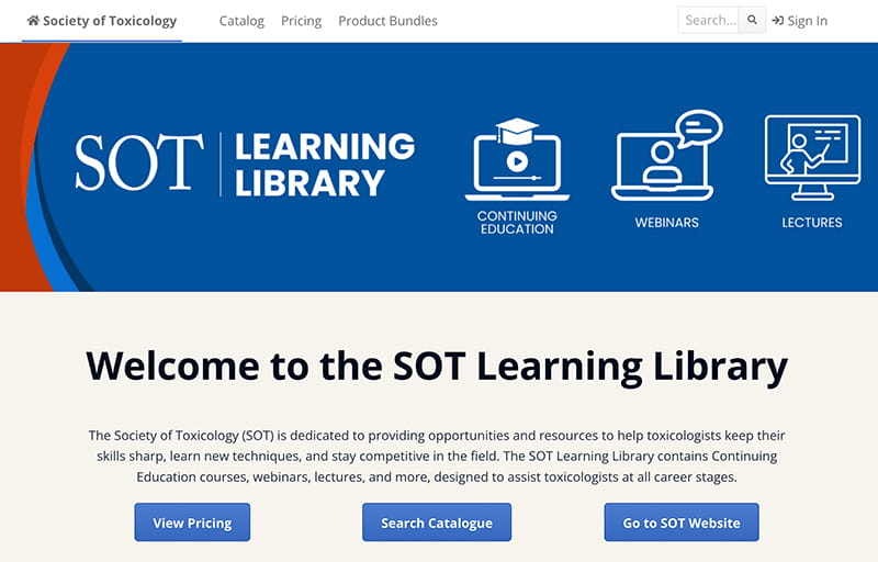 A banner containing the phrase SOT Learning Library appears along the top and includes icons for continuing education, webinars, and lectures. Along the bottom is text and three buttons.