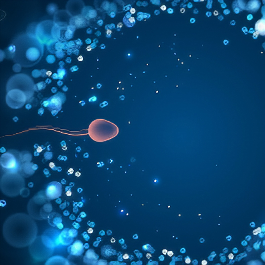 Illustration of a single sperm cell swimming through a blue fluid surrounded by glowing microscopic particles, symbolizing reproduction, fertility, or human biology.