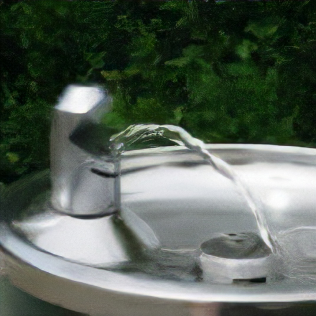 Outdoor drinking fountain with a stream of clean water flowing from the spout into the basin, surrounded by green foliage.