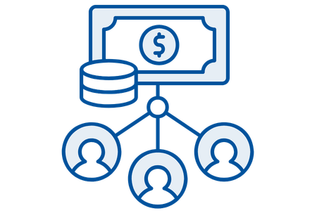 Dollar and coins distributed to people icon in SOT Blue.