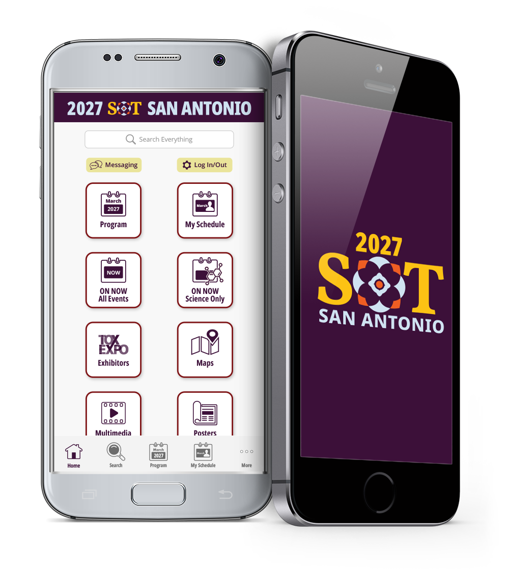 Two cell phones showing the 2 views of the SOT Annual Meeting app