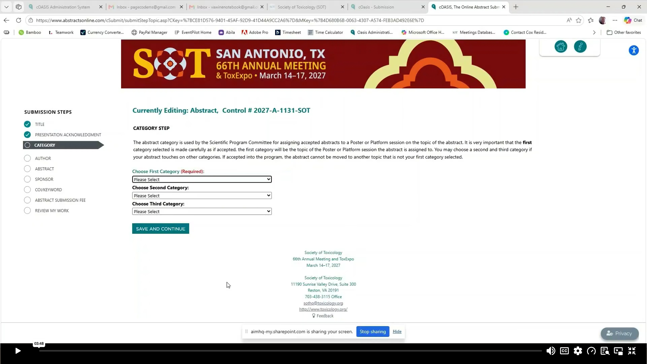 Category Selection and Presenting Author Entry