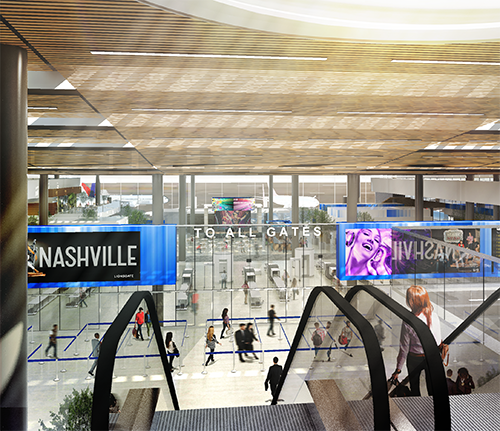 This lifelike rendering of an airport terminal shows a woman riding down an escalator. At the bottom of the escalator, people are walking in both directions. Directly in front of the escalator is an automatic door. The floor-to-ceiling windows flanking the glass doors contain advertising banners that say Nashville.