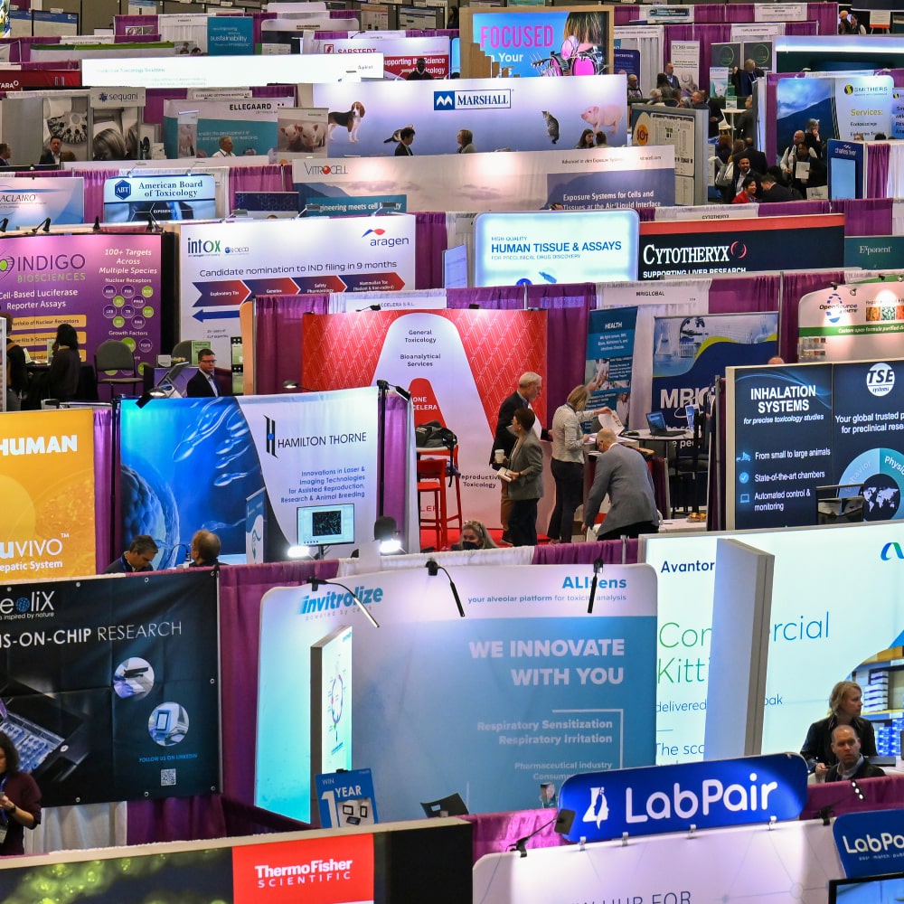 This image taken from a high vantage point shows rows and rows of the top of exhibitor displays.