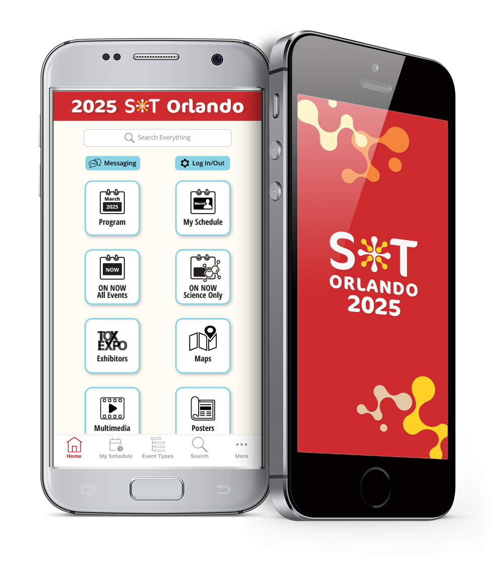 Two cell phones showing the 2 views of the SOT Annual Meeting app