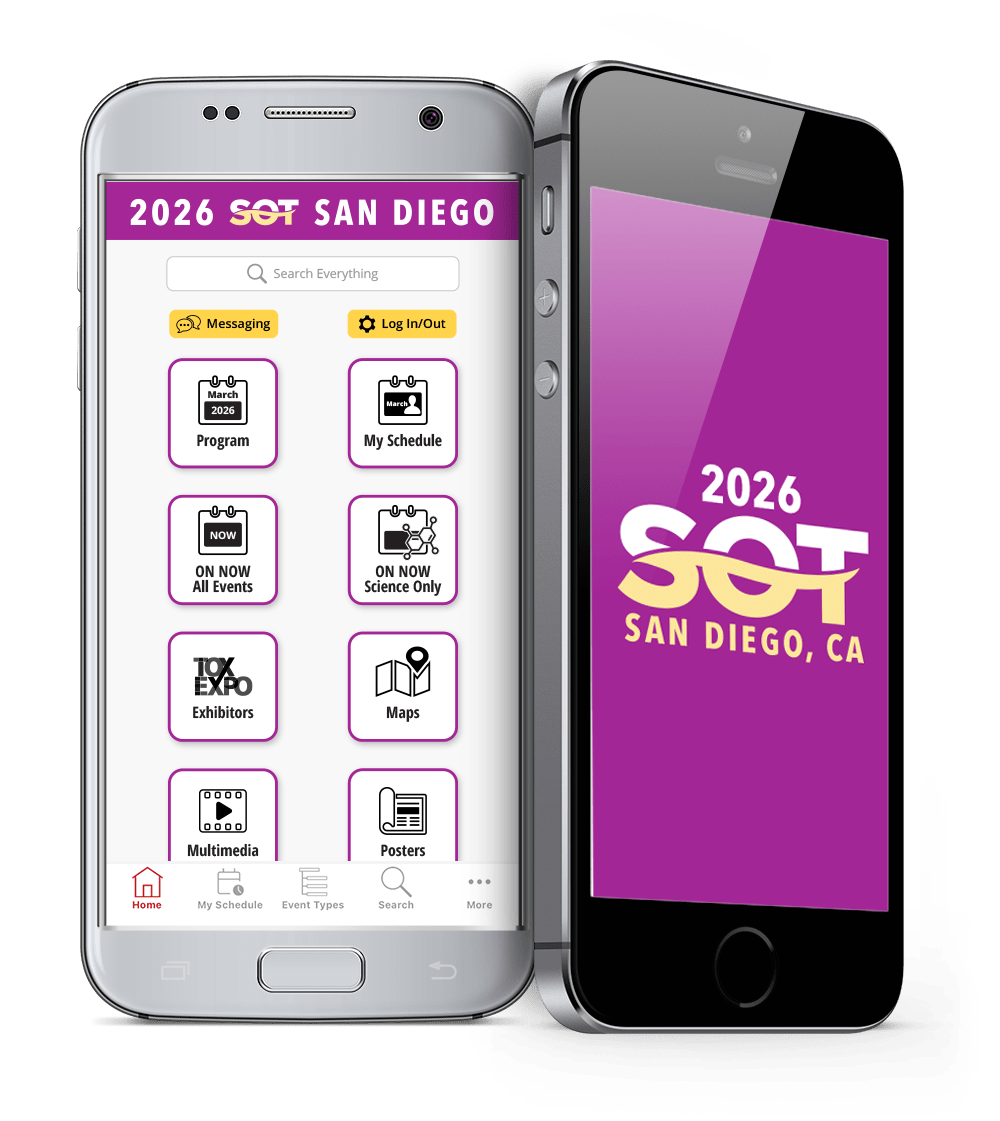 Two cell phones showing the 2 views of the SOT Annual Meeting app