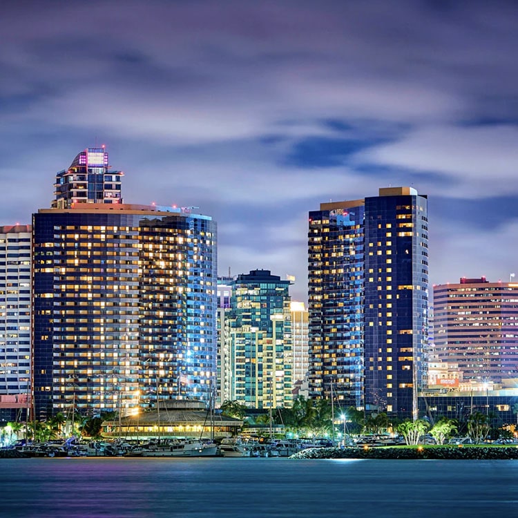 A view of the San Diego skyline taken at night from across the bay.