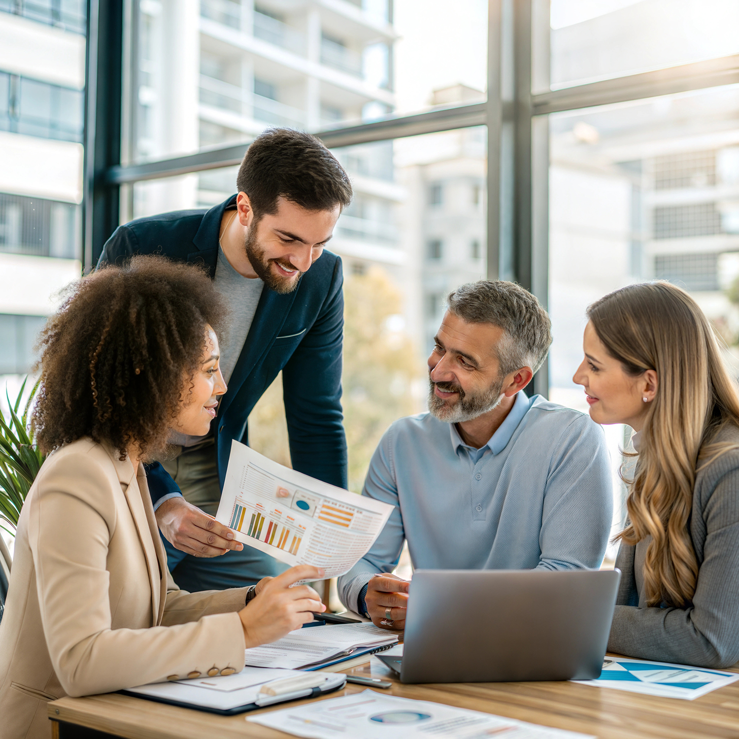 Four individuals stand behind a podium. They are looking at a monitor sitting on the long, skirted table next to the podium.