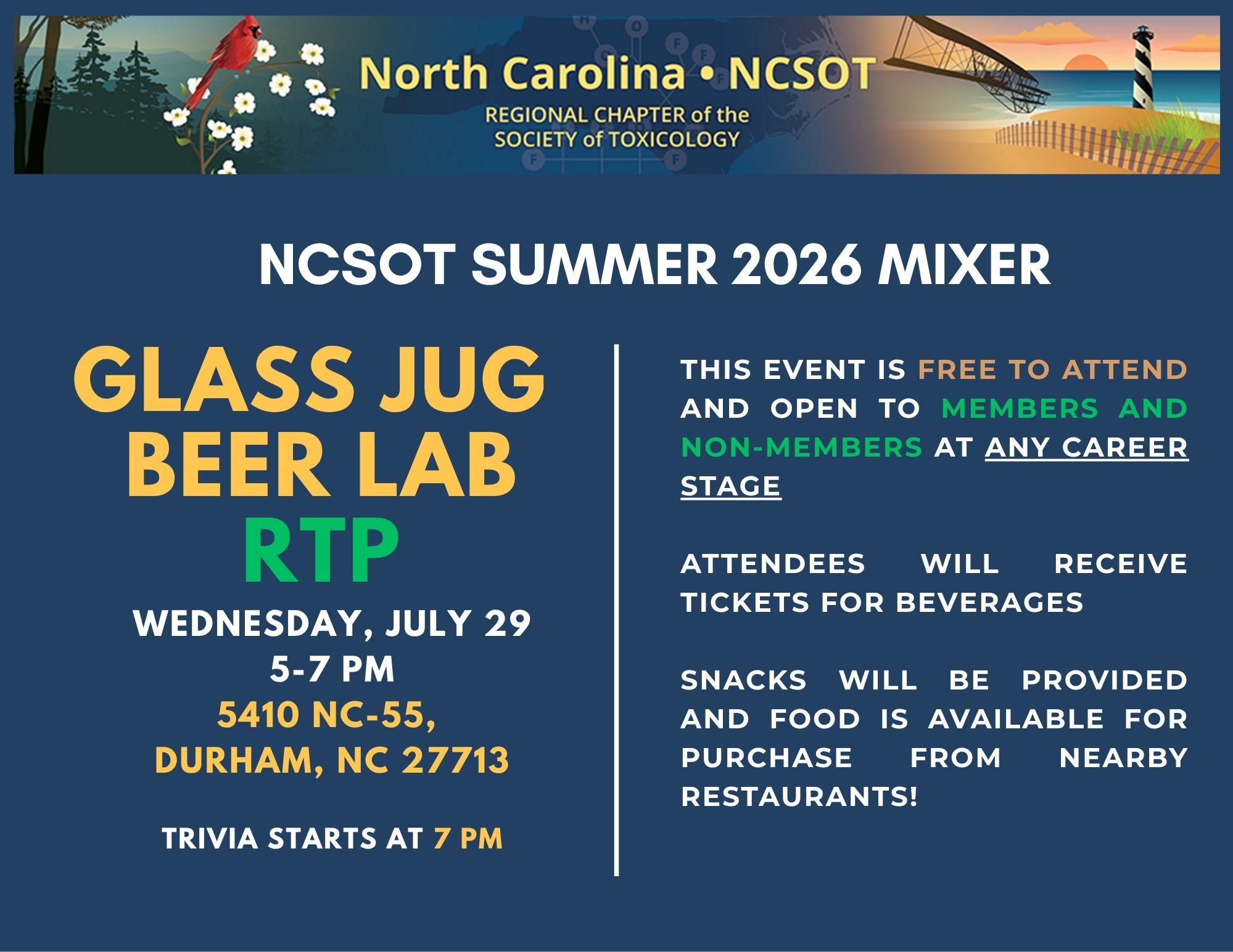 flyer for the Networking Mixer, Wednesday, July 29, 2026; 5:00-7:00 pm, at Glass Jug Beer Lab, 5410 HWY 55, Durham, NC 27713. Drinks and Snacks provided. All are welcome