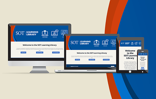 Screenshots of the SOT Learning Library on various size devices, such as a tablet, computer, and phone.